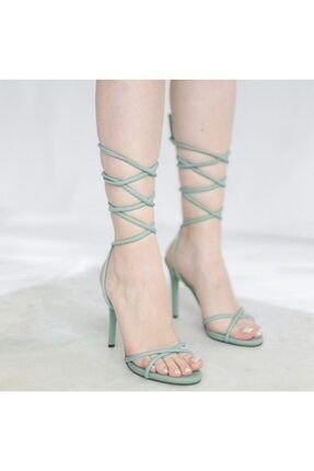 Kadın Mint Yeşil Ince Tek Bant Topuk Sandalet Ayakkabı Bilekten Bağcıklı Yüksek Sivri Abiye İnce Yüksek