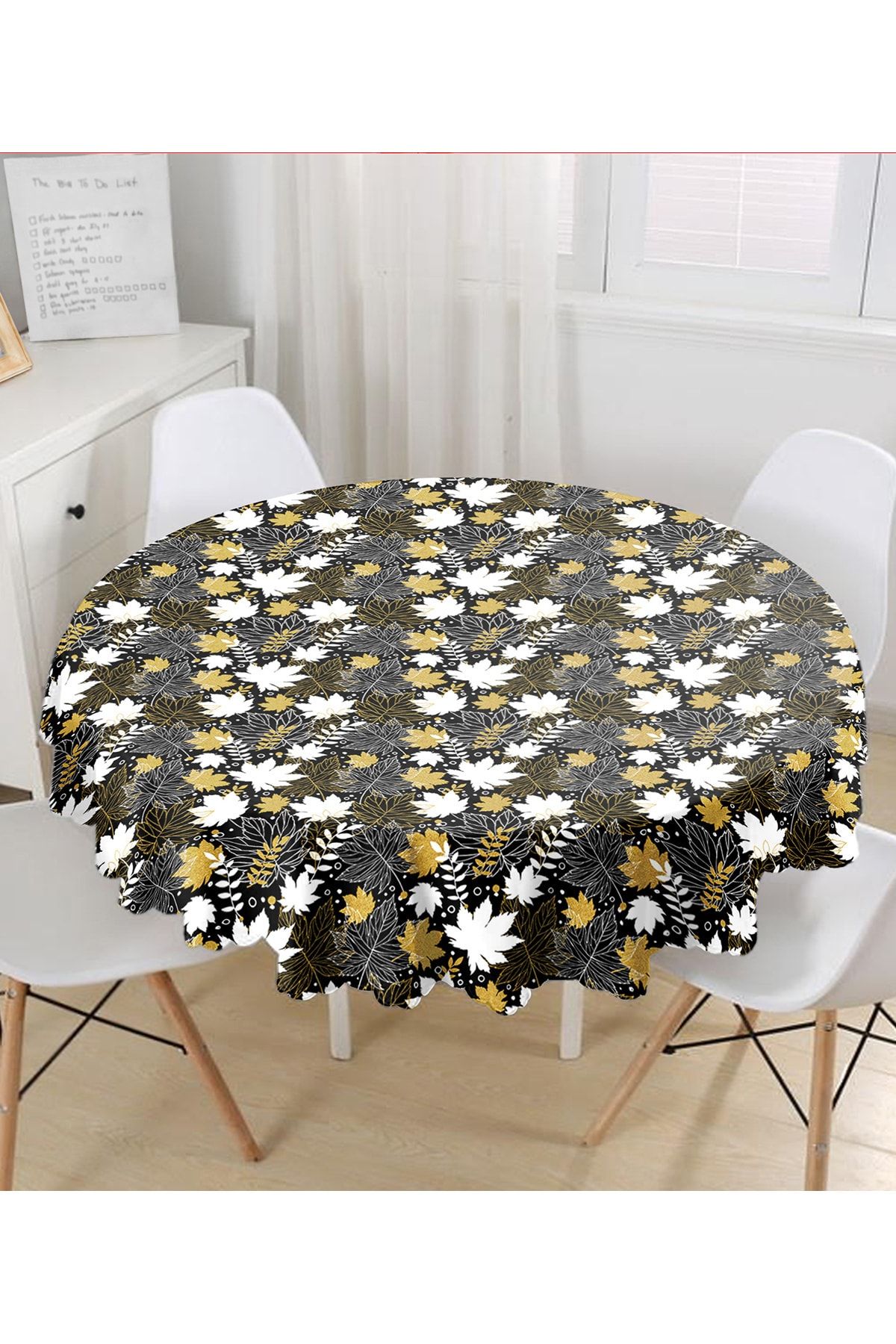 Realhomes Față De Masă Rotundă Modernă Cu Model De Frunze De Aur Pe Fundal Negru - Diametru 140cm - 140 x 140
