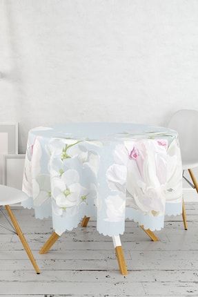 Renkli Zeminli Beyaz Çiçek Desenli Dijital Baskılı Modern Yuvarlak Masa Örtüsü - Çap 140cm MasaYuv-8921