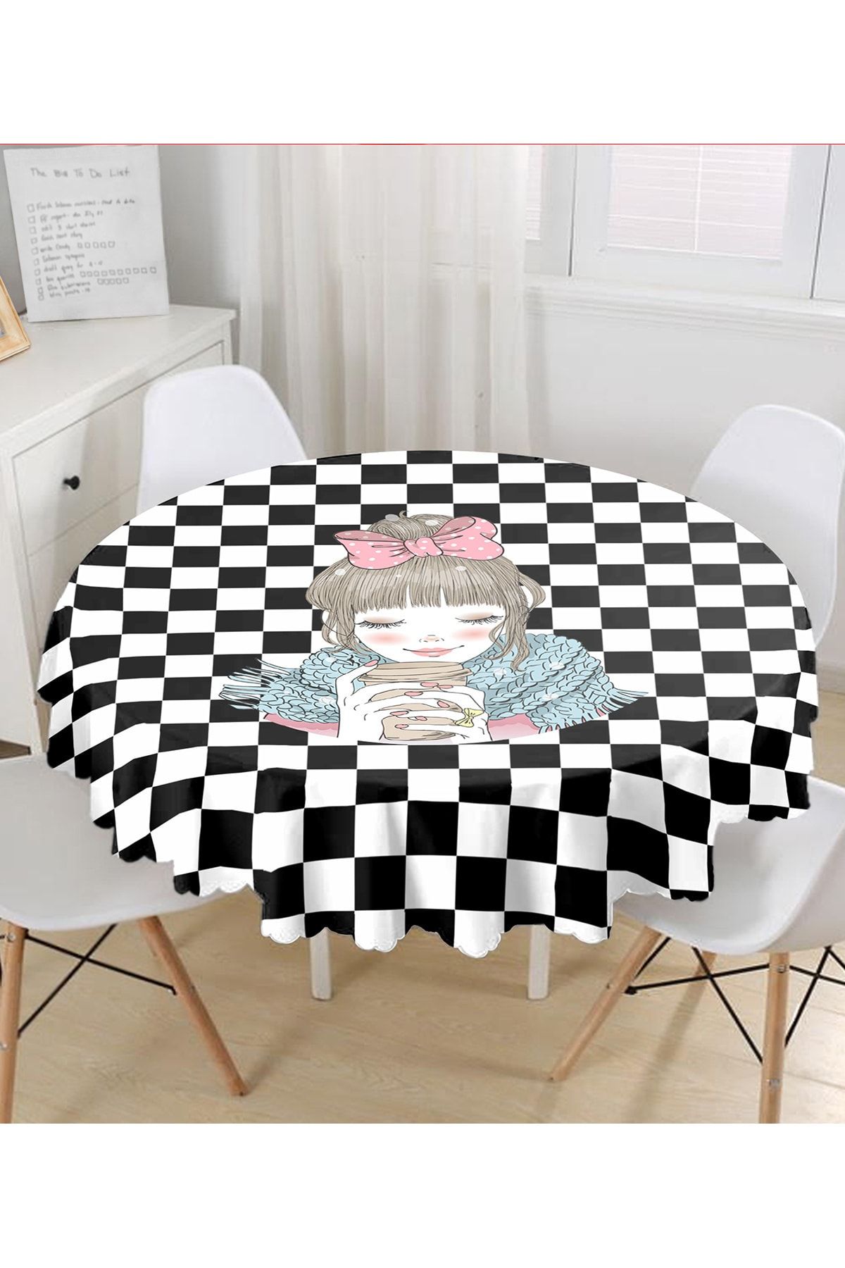 Realhomes Față De Masă Rotundă Imprimată Digital Cu Podea De Șah Și Motiv Pentru Fată Care Bea Cafea - Diametru 140 Cm - 140 x 140