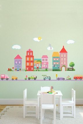 Şehir Hayatı Taşıtlar Yollar Ve Evler Kız Çocuk Odası Duvar Sticker Seti KTM8890165