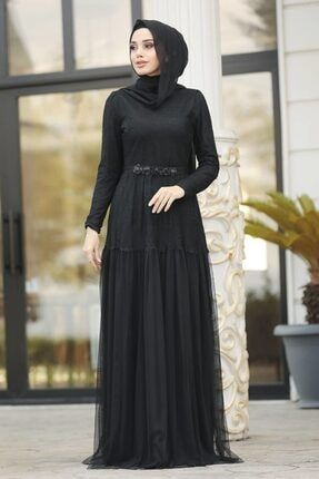 Tesettürlü Abiye Elbise Dantel Işlemeli Siyah Tesettür Abiye Elbise 3980s HN-3980