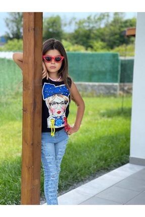 Kız Çocuk Siyah Baskılı Pamuk Tişört Yırtıklı Kemerli Kot Pantolon Ikili Takım 1188