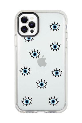 Iphone 11 Pro Max Beyaz Kenarlı Anti Shock Mavi Nazar Gözler Desenli Telefon Kılıfı IP11PLK-063