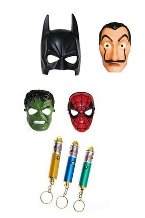3 Adet Kedi Lazeri Ve 4 Adet Maske Hulk, Spiderman, Batman Ve La Casa De Papel Maskeleri 3Lazer4Maske