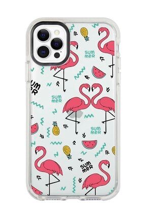 Iphone 11 Pro Max Beyaz Kenarlı Anti Shock Flamingo Desenli Telefon Kılıfı IP11PLK-058