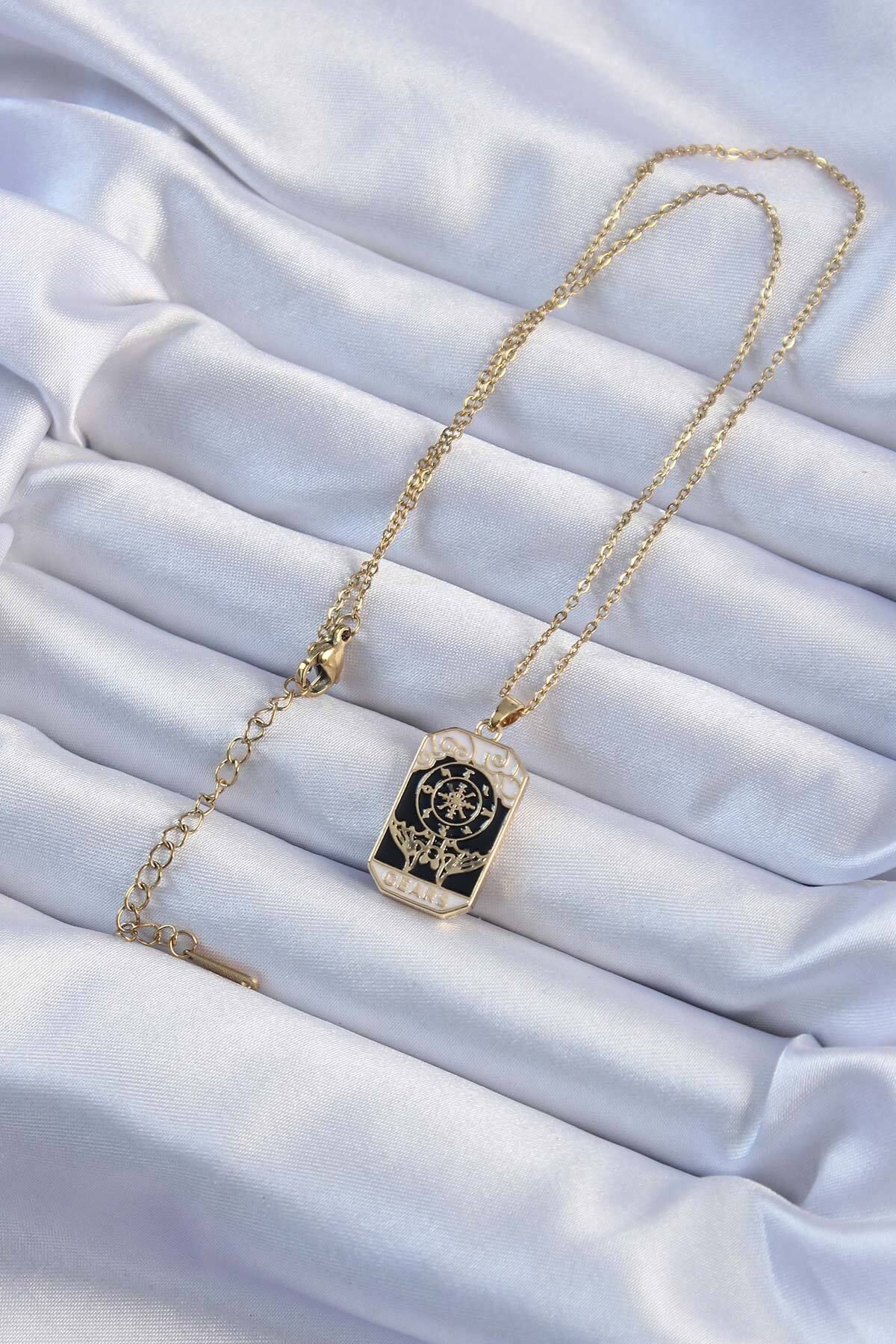 nazeninstoğu-316L Steel Special Series Chain Gold Color Embroidered Black Enamel Tarot Necklace 2