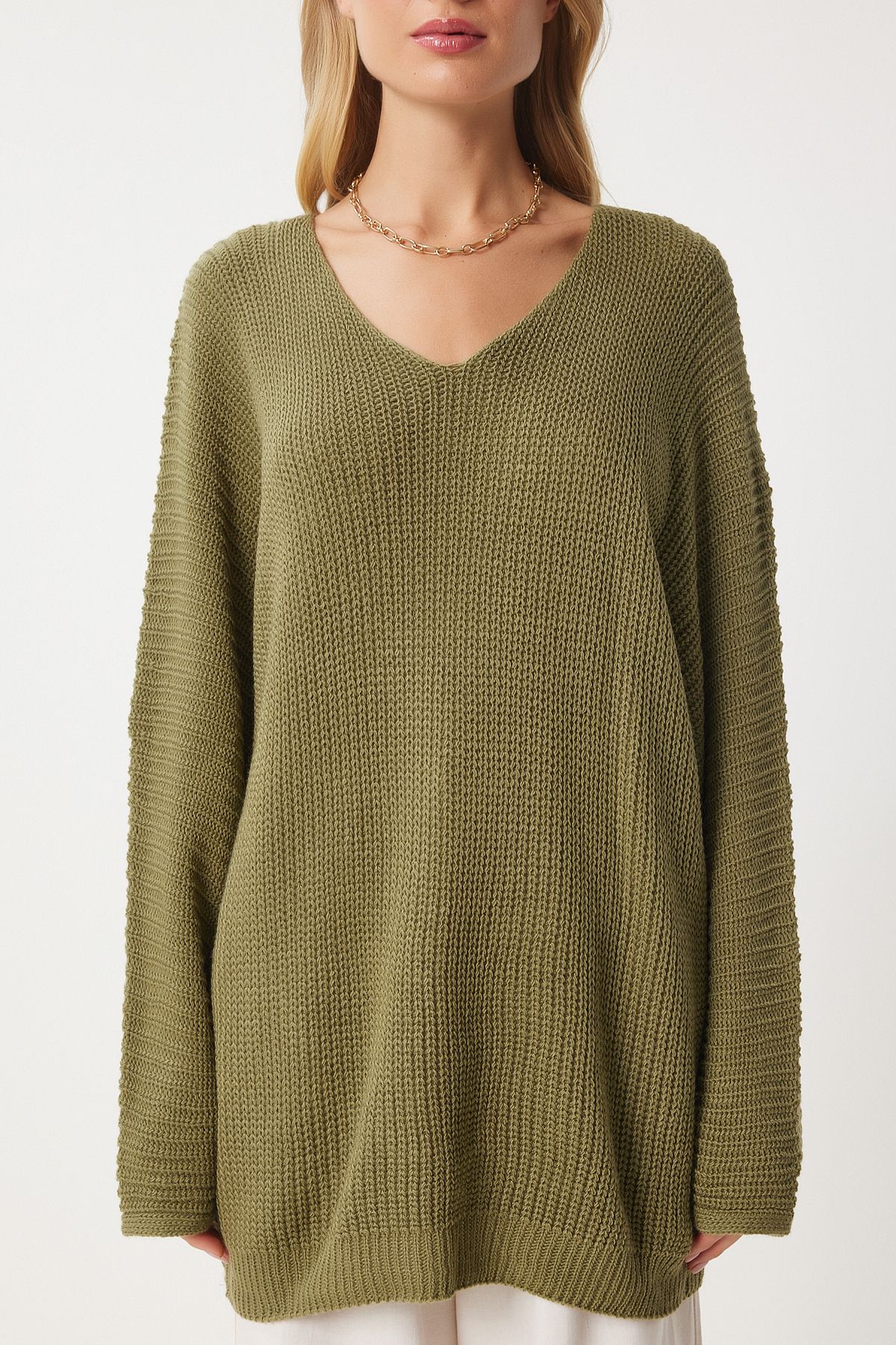 Happiness İstanbul-Dunkelgrüner Thessaloniki-Strickpullover mit V-Ausschnitt und Oversize-Muster für Damen ZA00059 5