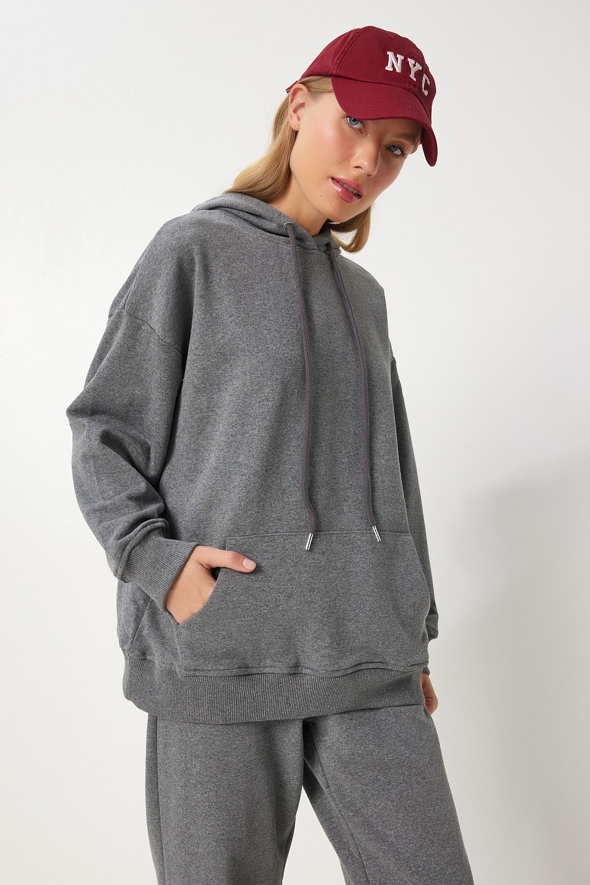 Happiness İstanbul-Anthrazitfarbenes Kapuzen-Sweatshirt- und Jogger-Trainingsanzug-Set – PYS0027 4