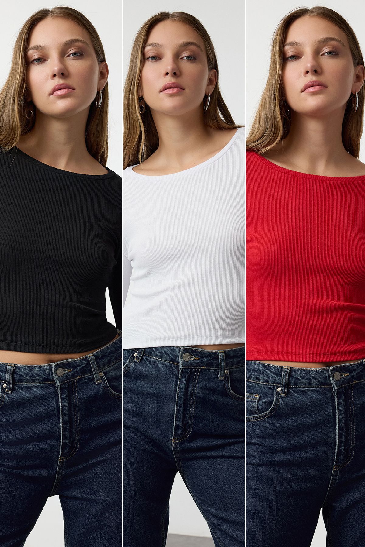 Trendyol Collection-Pachet de 3 bluze tricotate cu nervuri elastice negru-alb-roșu - TWOAW25BZ00060 1