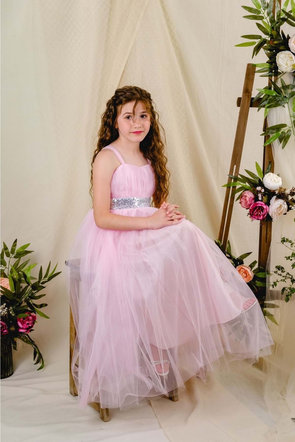 Sırt Gipeli Tüllü Kız Çocuk Saten Abiye Mnk0340 Pembe