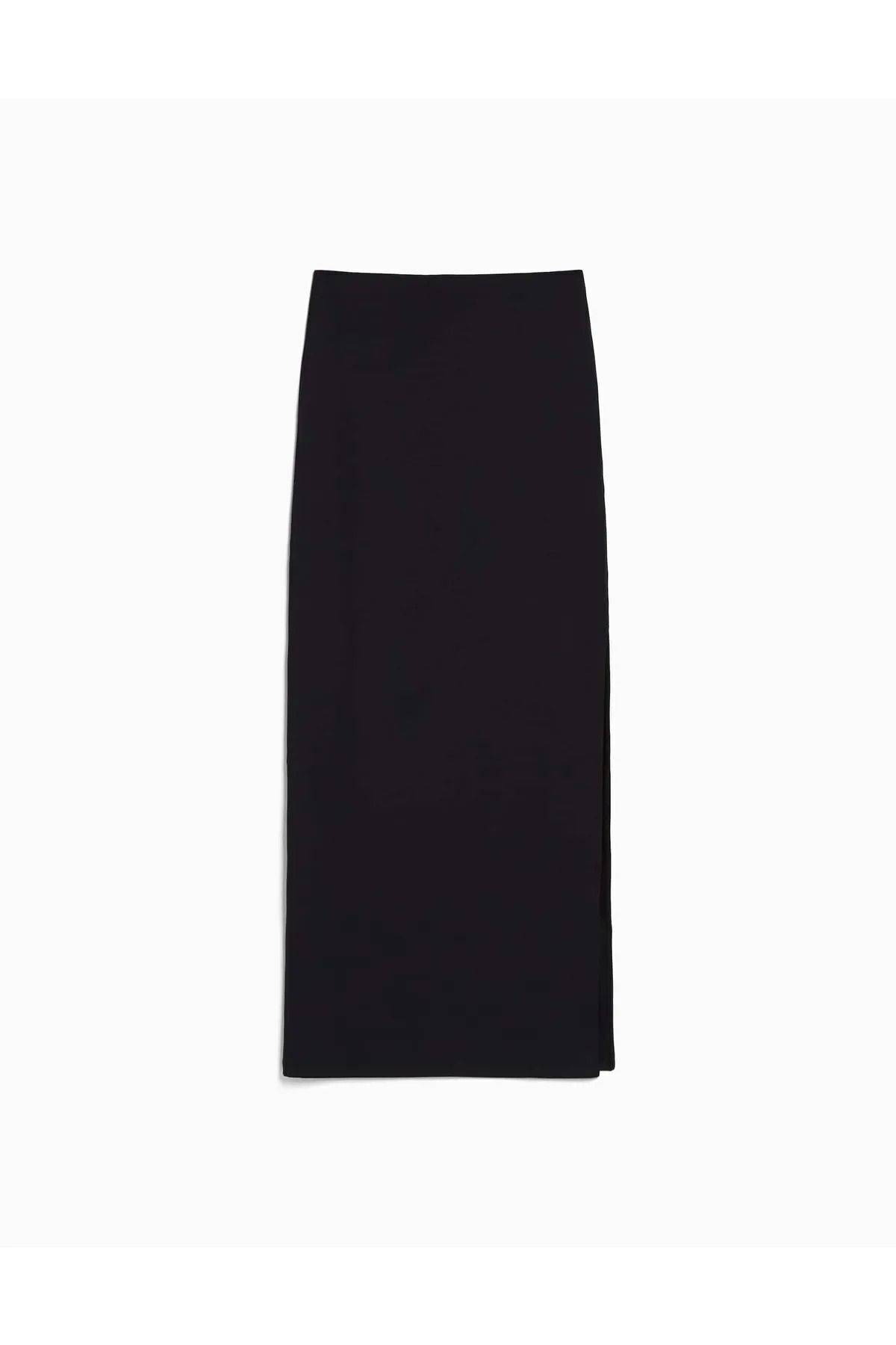 Fovere  Kadın Siyah Yırtmaçlı Beli Lastikli Jarse Kumaş Uzun Etek - Görsel 5