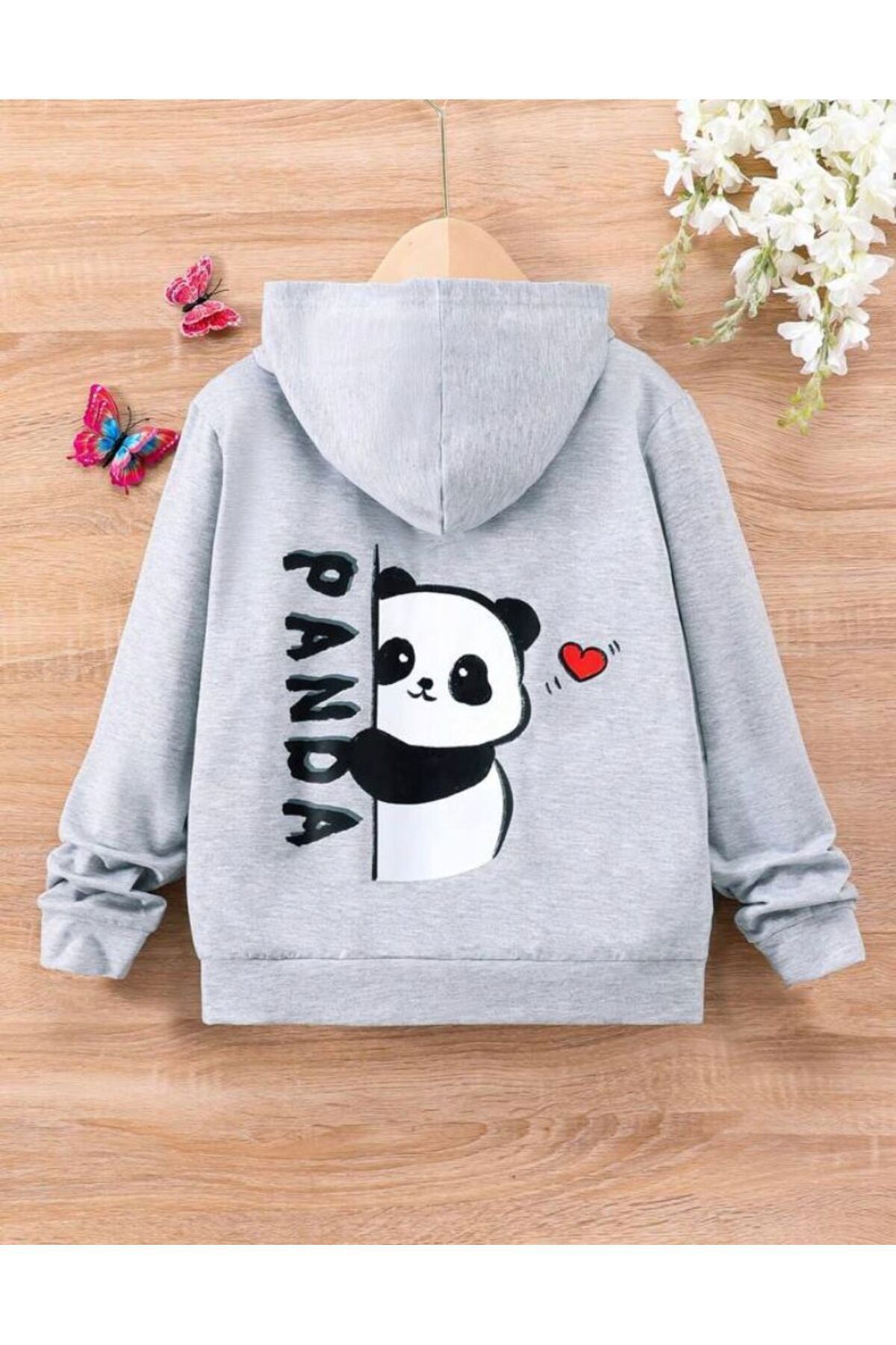 Panda Pamuklu Çocuk Fermuarlı Hırka - Gri Baskılı Kız Erkek Çocuk Kışlık Kapüşonlu