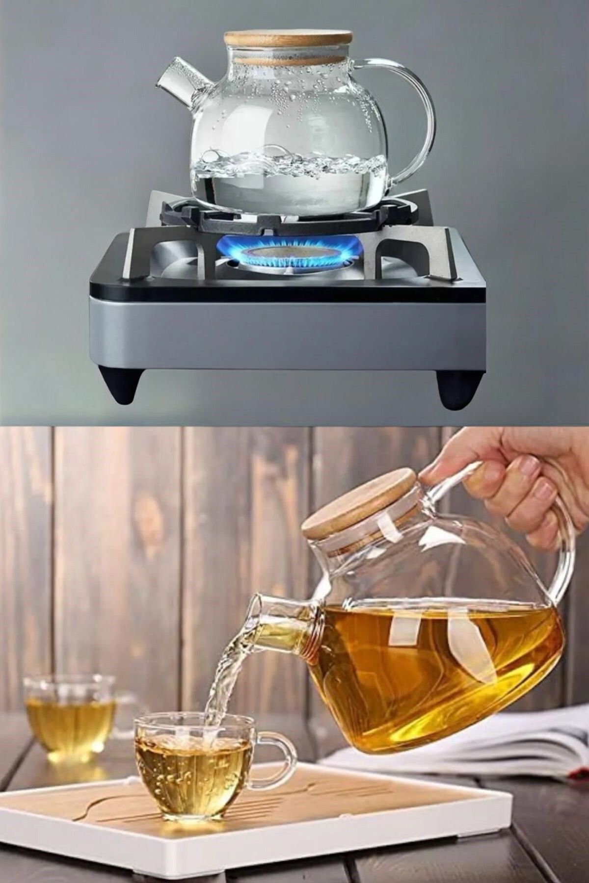 Hitfoni Ateşe Dayanıklı Bambu Kapaklı Alt Kısmı Metal Süzgeçli Cam Bitki Çayı Demliği Cam Çaydanlık 1000 ml