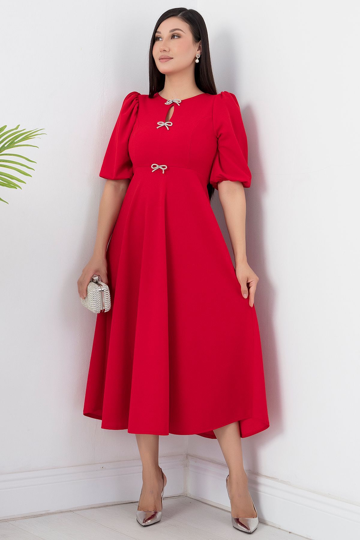 PULLIMM-Rochie creponată cu mâneci cu balon cu pietre la piept - GRS3578 4