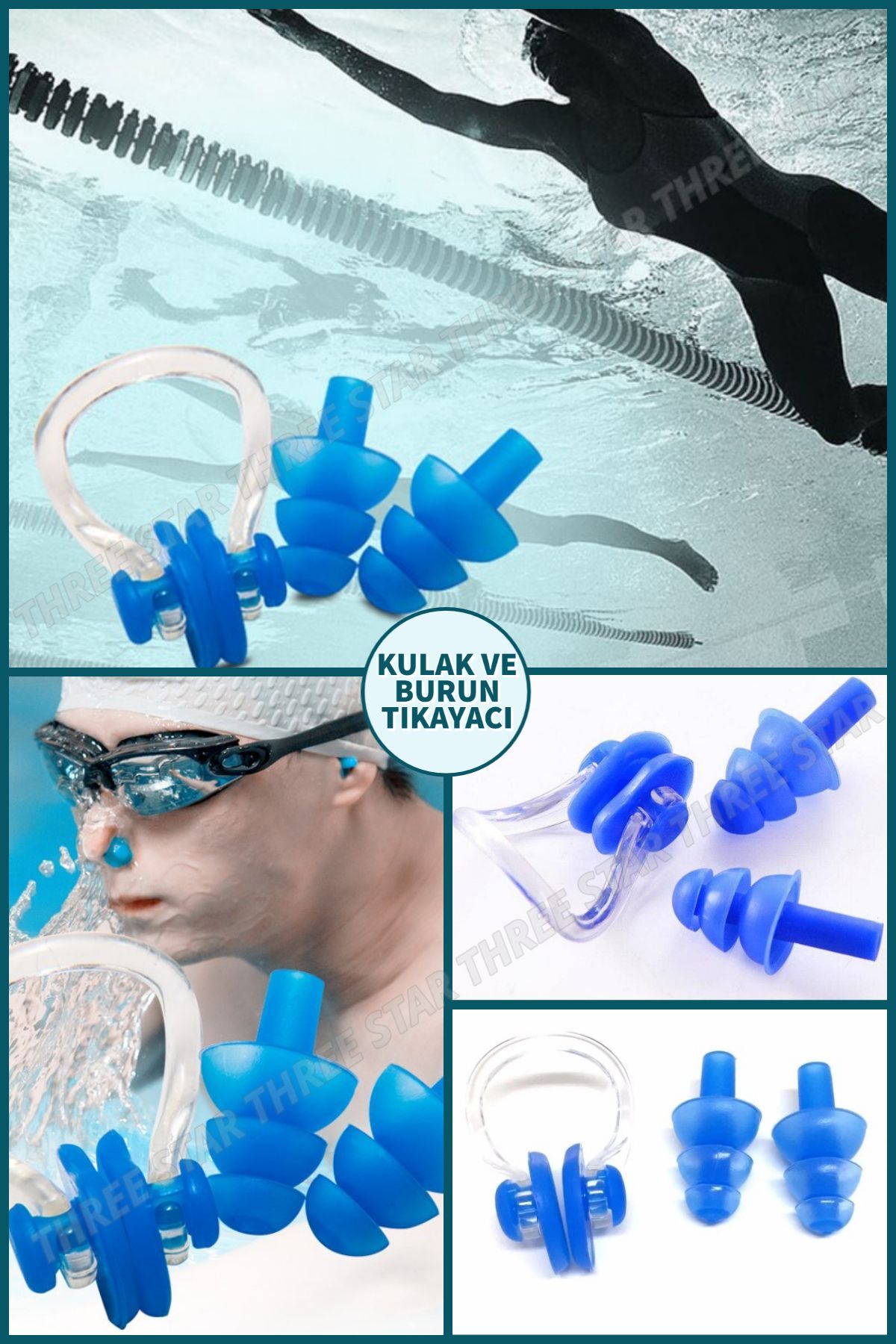 Three Star Yumuşak Su Geçirmez Silikon Yüzme Burun Klipsi Kulaklık Seti Surf Dalış Kulak TıkacI Burun Mandalı