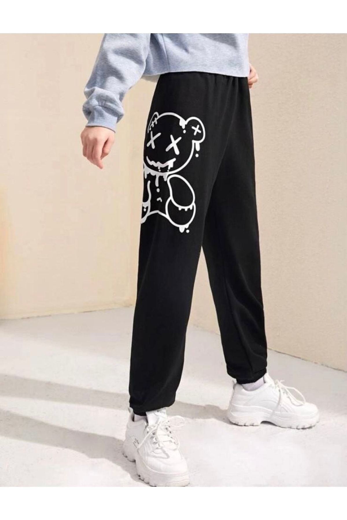 GLOWES Pantaloni De Trening Pentru Copii Negri Oversize Cu Imprimeu Ursuleț Unisex - 9–10 years