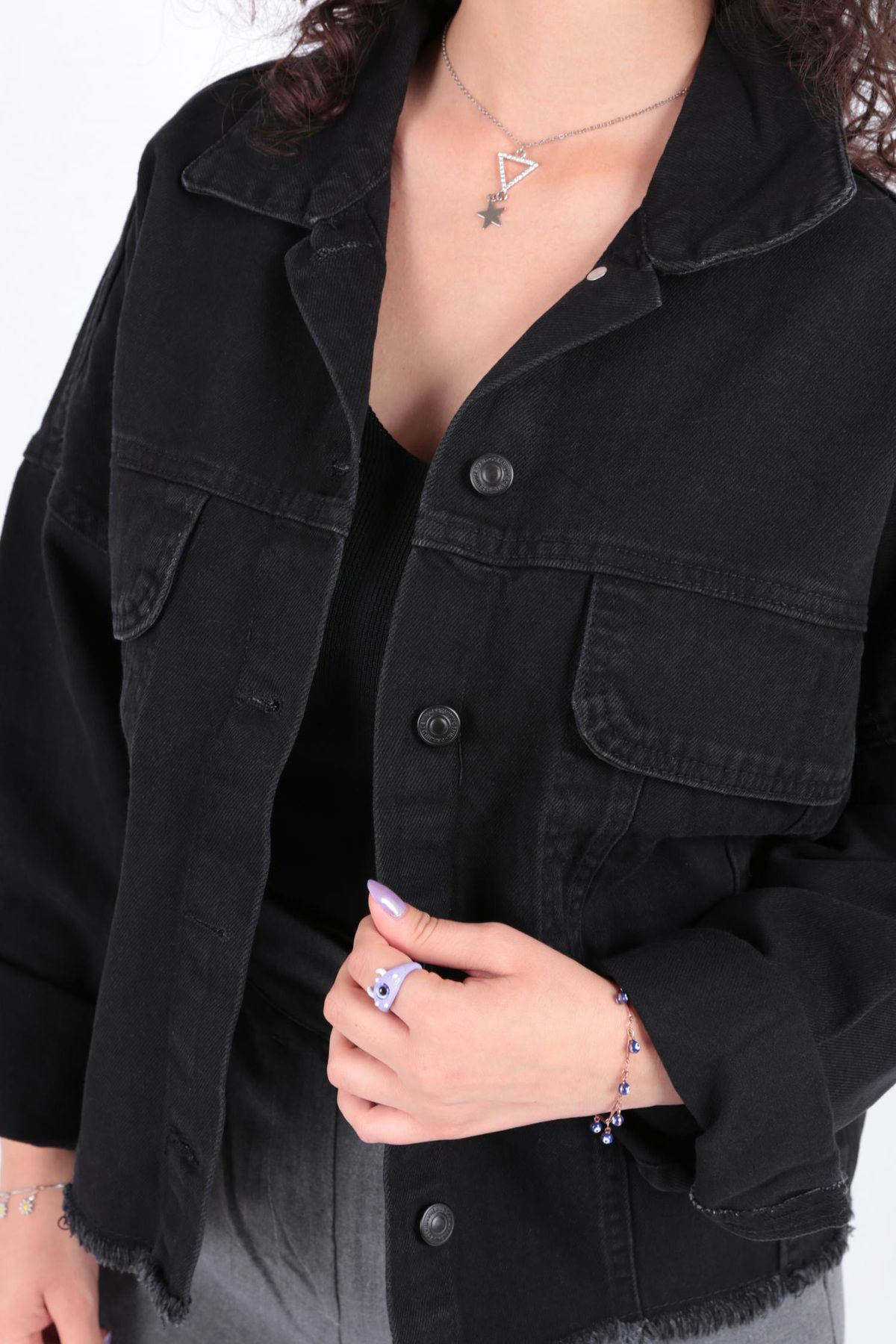 Hadise-5175 Model - Denim Jacket with Double Pockets and Tassels 5