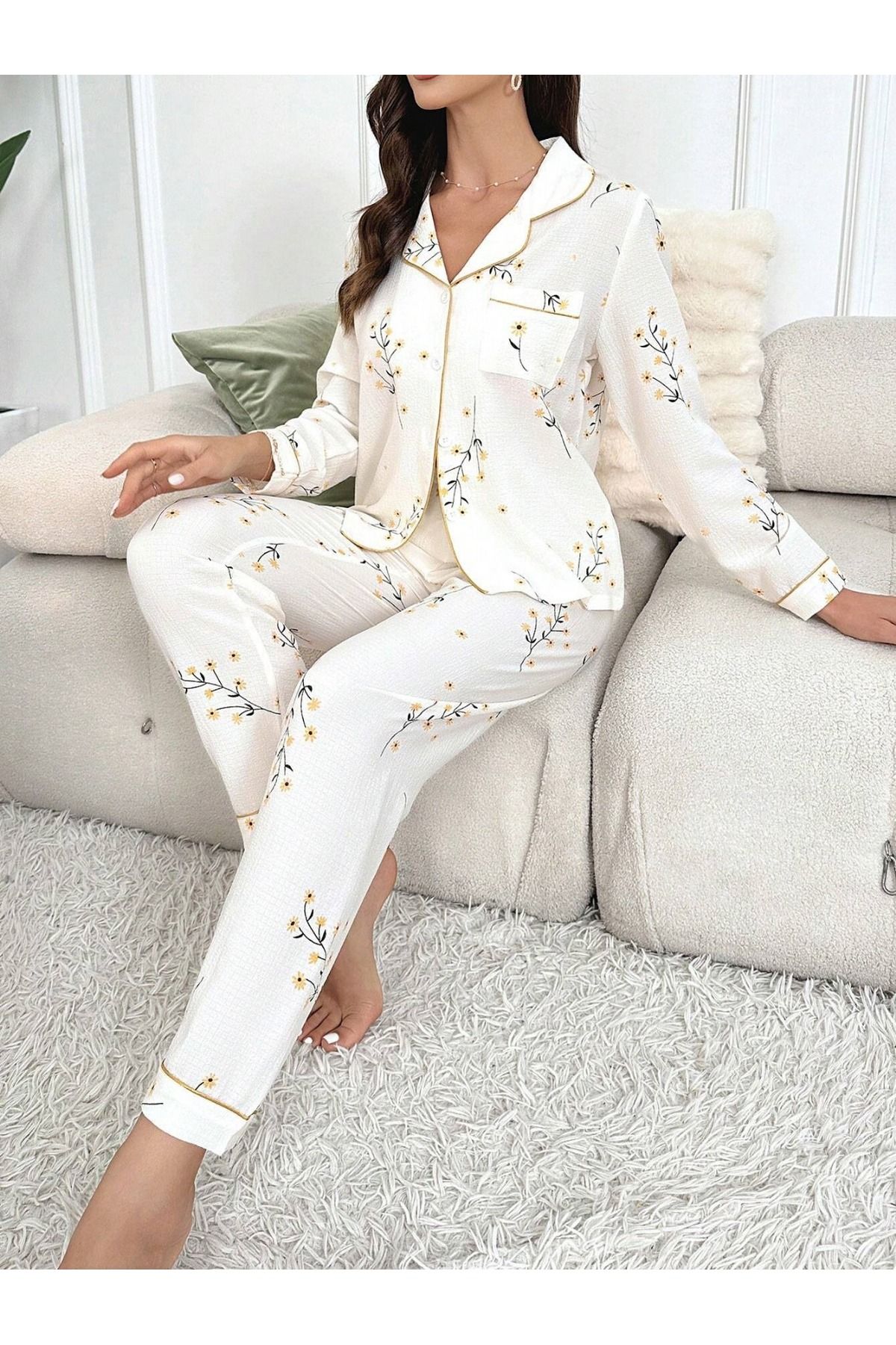 BELLA NOTTE  Çiçek Baskılı Cep Detaylı Düğmeli Günlük Uzun Pijama Takımı - Görsel 5