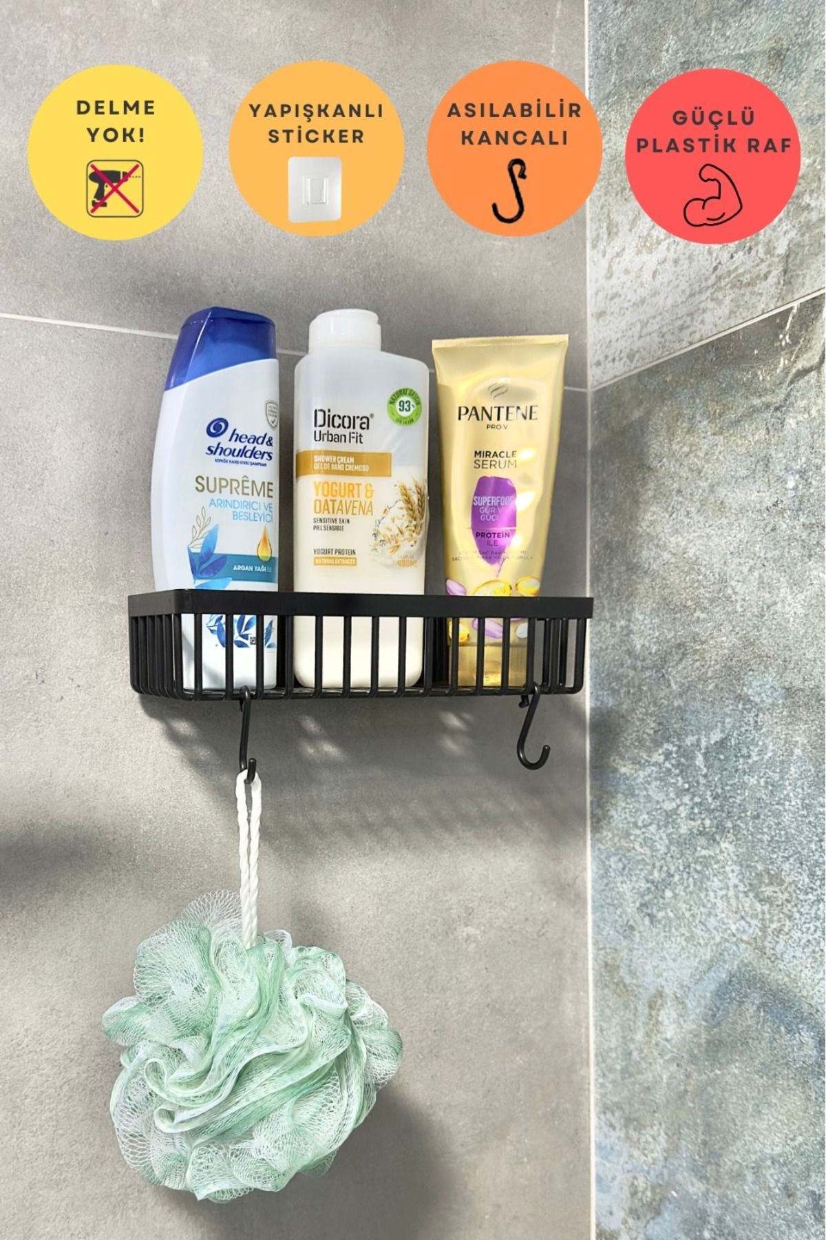 Tekli Banyo Düzenleyici Yapışkanlı Plastik Duşakabin Rafı Şampuanlık Sabunluk Organizeri Plastik Raf