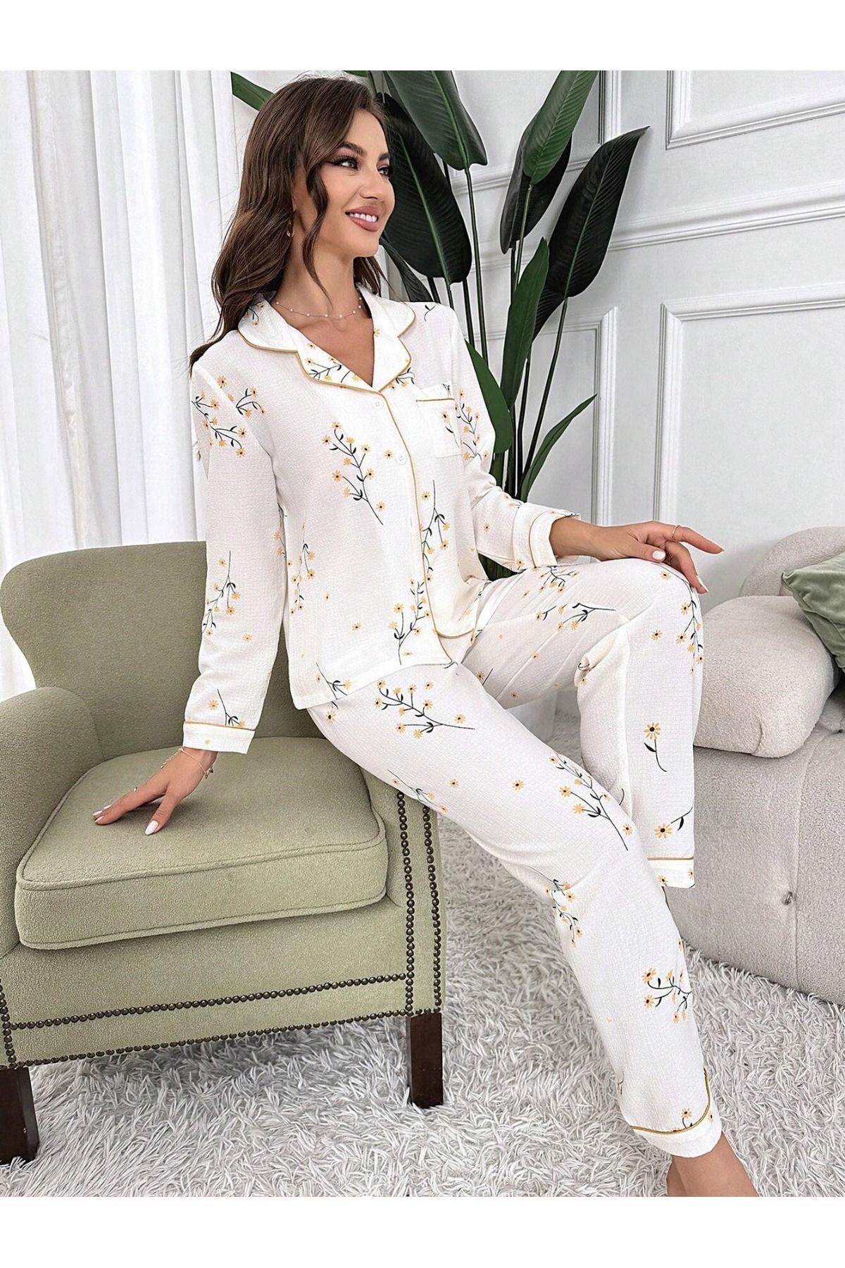 BELLA NOTTE  Çiçek Baskılı Cep Detaylı Düğmeli Günlük Uzun Pijama Takımı - Görsel 4