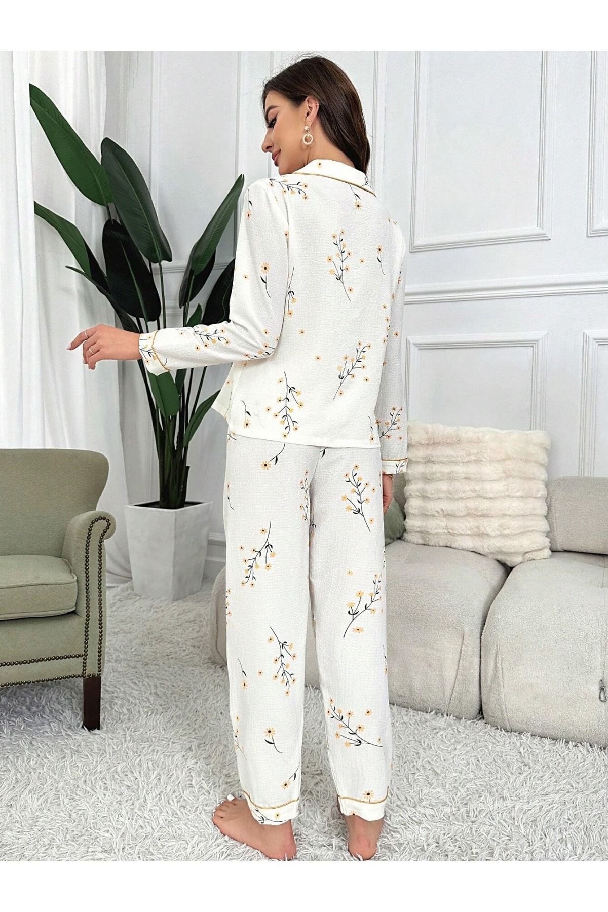 BELLA NOTTE  Çiçek Baskılı Cep Detaylı Düğmeli Günlük Uzun Pijama Takımı - Görsel 6