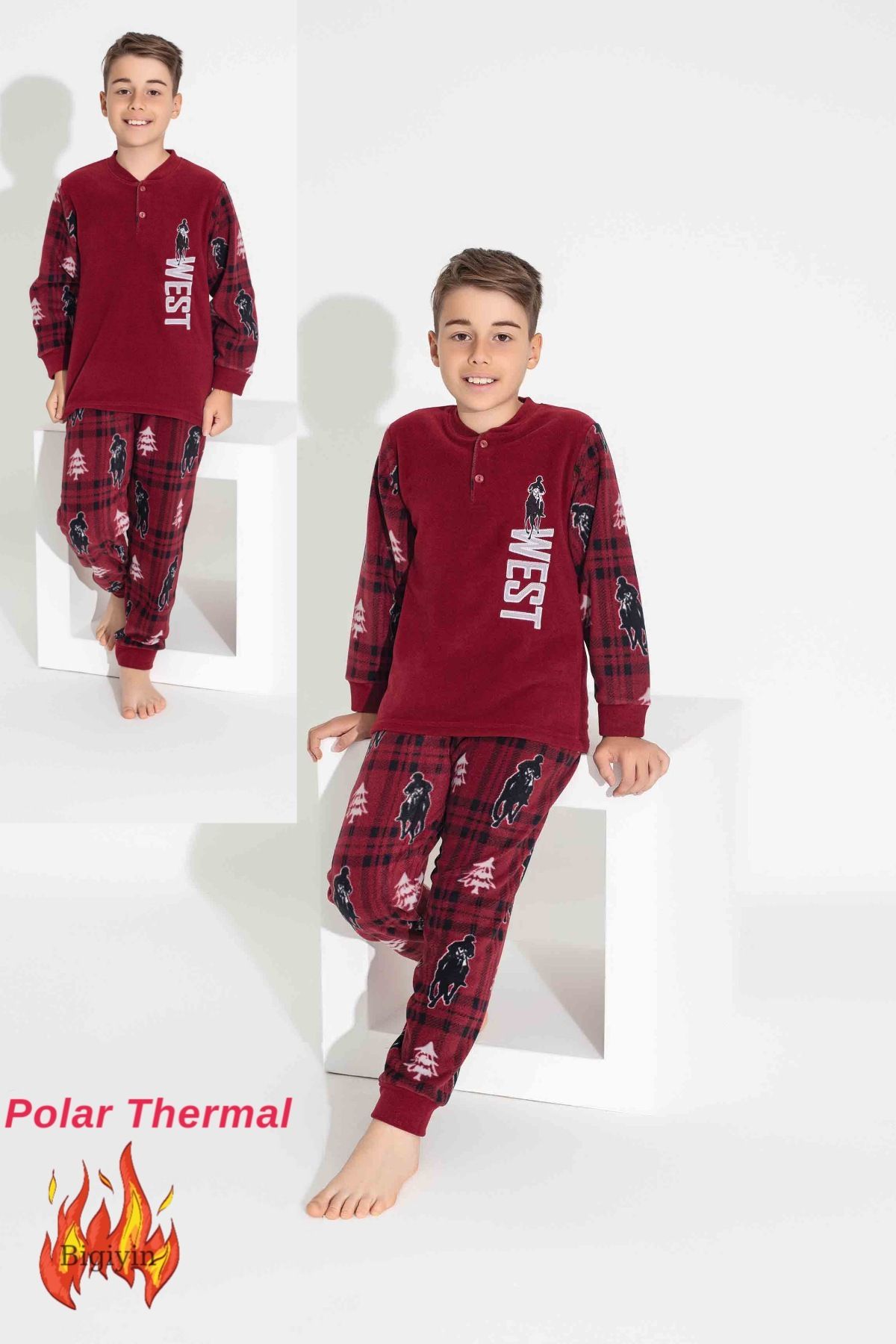 Bordo Erkek Çocuk Polar Pijama Takımı Çocuk Kışlık Pijama Takımı Kalın Pijama