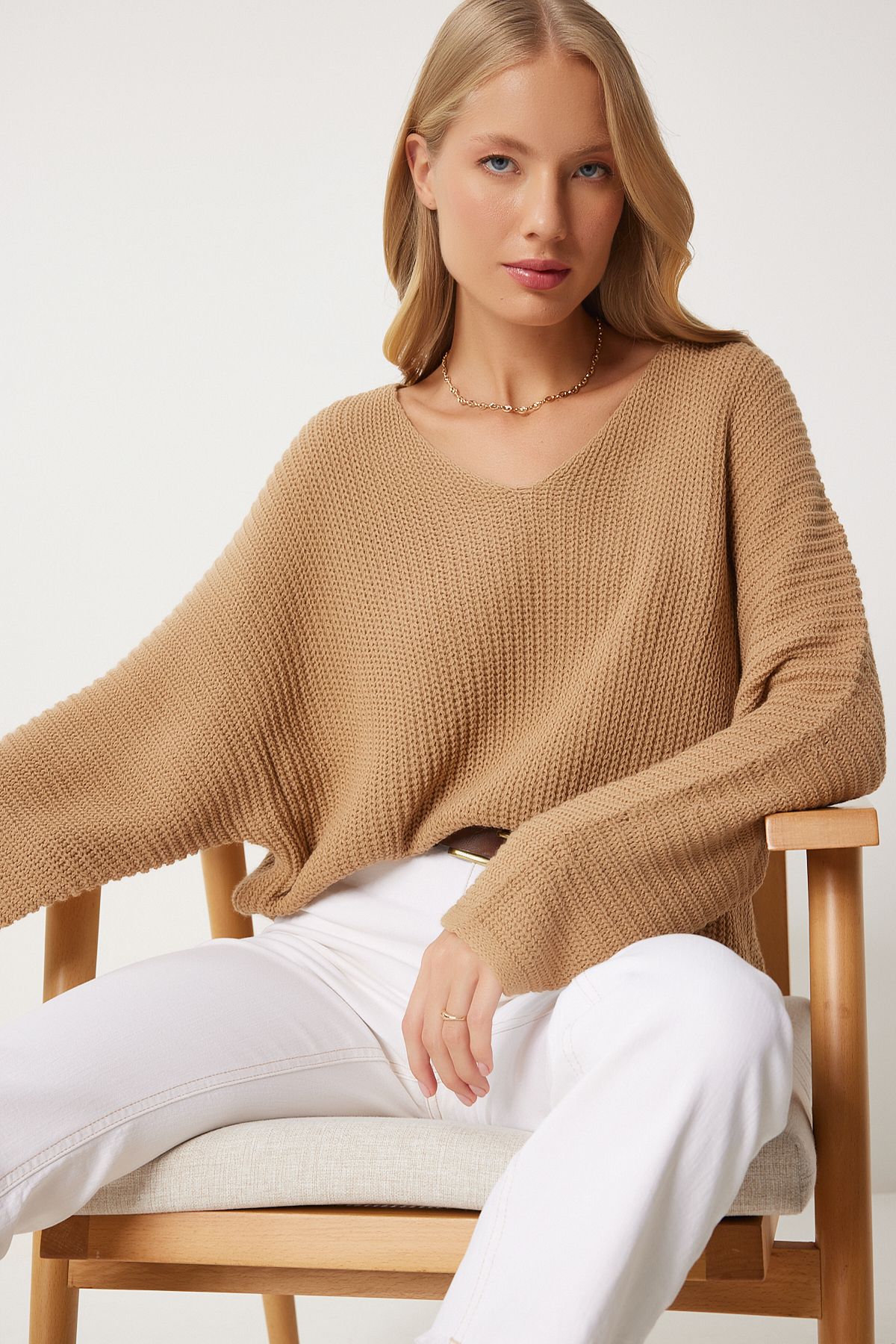 Happiness İstanbul-Damen-Strickpullover „Thessaloniki“ in Keksform mit V-Ausschnitt, Übergröße, ZA00059 2