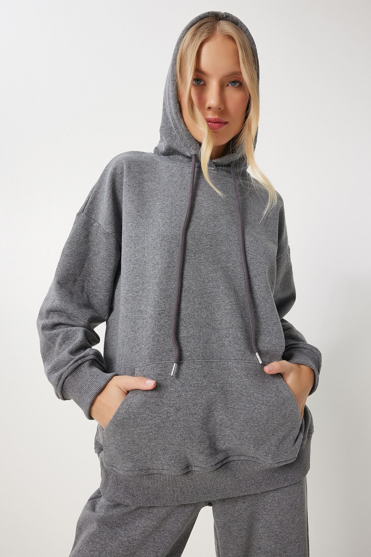 Happiness İstanbul-Anthrazitfarbenes Kapuzen-Sweatshirt- und Jogger-Trainingsanzug-Set – PYS0027 6