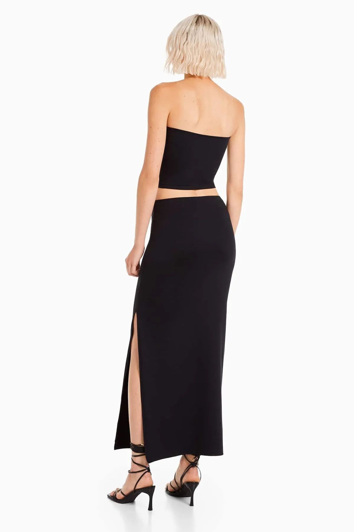 Fovere  Kadın Siyah Yırtmaçlı Beli Lastikli Jarse Kumaş Uzun Etek - Görsel 4