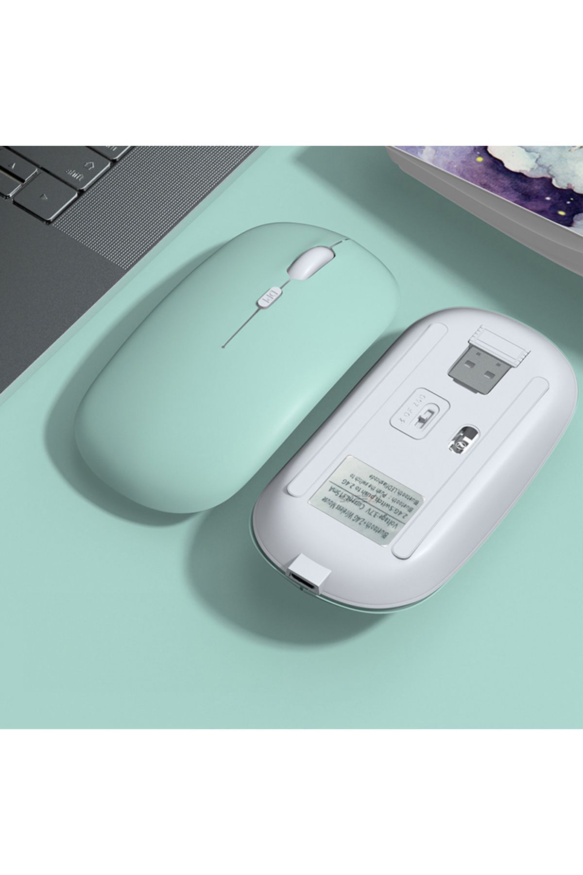 Apple İpad Şarj Edilebilir Sessiz Mouse Bluetooth + 2.4Hz Wifi Kablosuz Mouse Fare 3