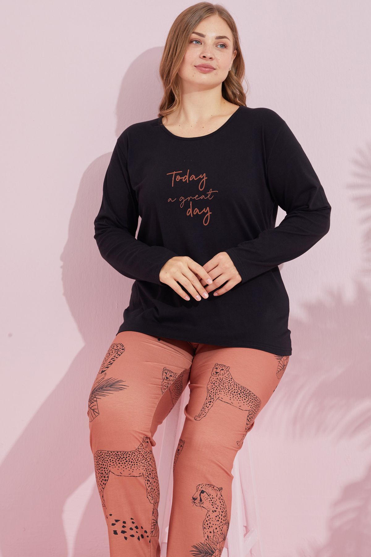 black multicolored Cotton Curve Plus Size Plus Size Knitted Pajamas Set 24240740