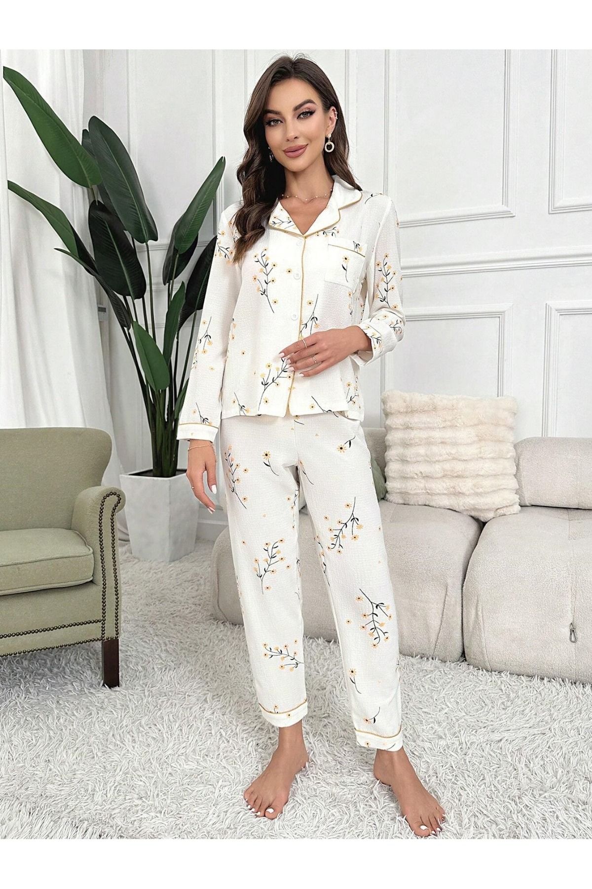 BELLA NOTTE  Çiçek Baskılı Cep Detaylı Düğmeli Günlük Uzun Pijama Takımı - Görsel 3