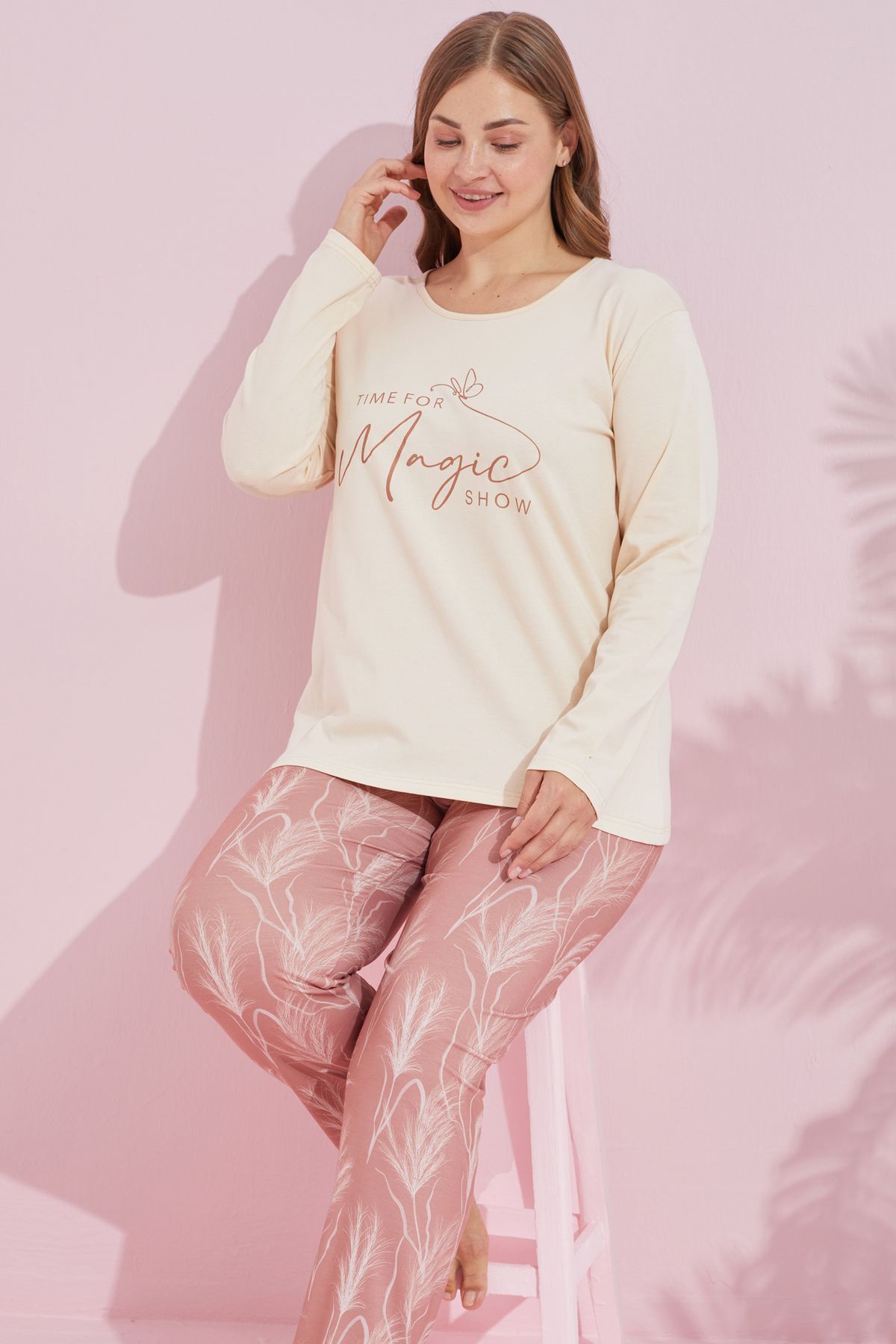 Siyah İnci-κρεμ πολύχρωμη Βαμβακερή Curve Plus Size Πλεκτή Πιτζάμες Oversize 24240750 1