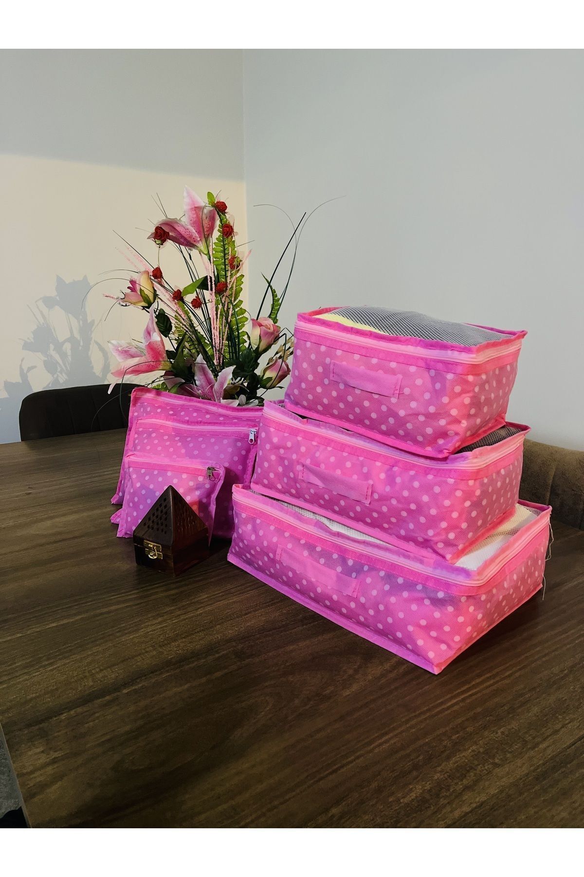 Pembe Desen Sevimli 6 Parça Valiz Seti