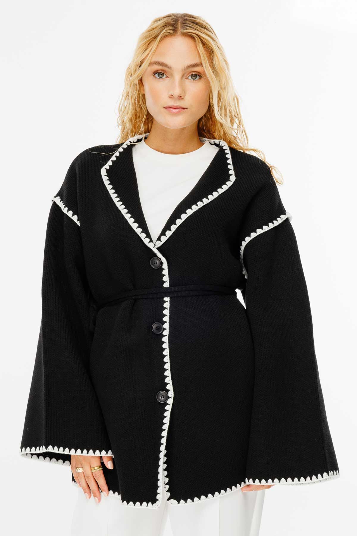 Hooopstore Biye İşleme Detaylı Siyah Hırka