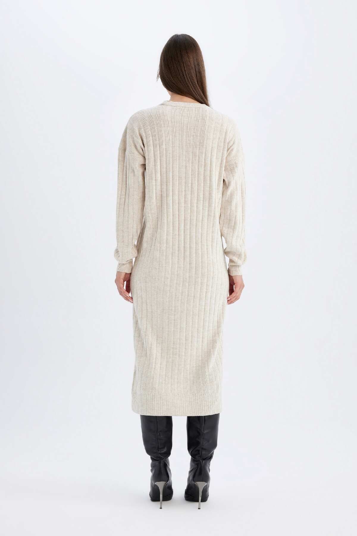 Regular Fit Yarım Balıkçı Yaka Basic Düz Uzun Kollu Triko Elbise W0986az24wn - 5
