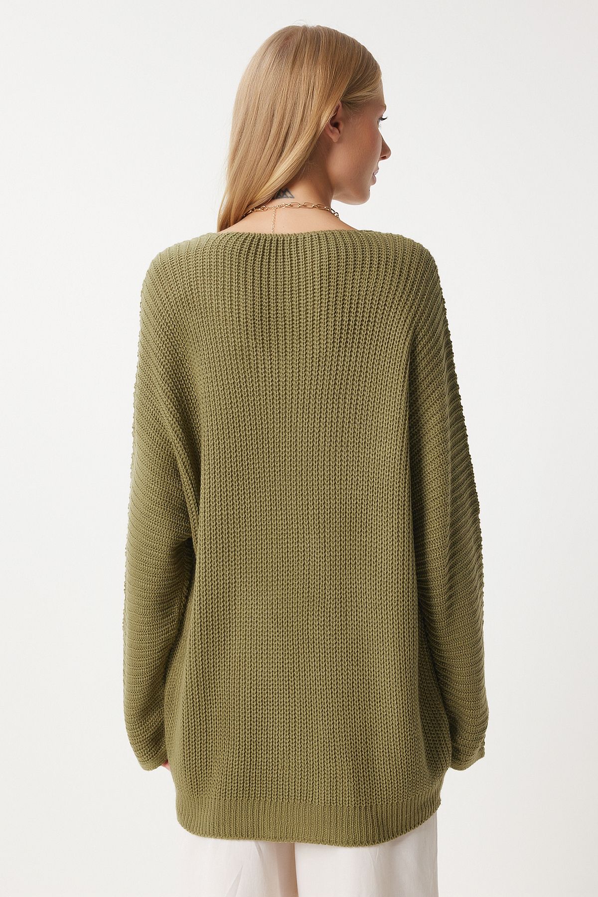 Happiness İstanbul-Dunkelgrüner Thessaloniki-Strickpullover mit V-Ausschnitt und Oversize-Muster für Damen ZA00059 8
