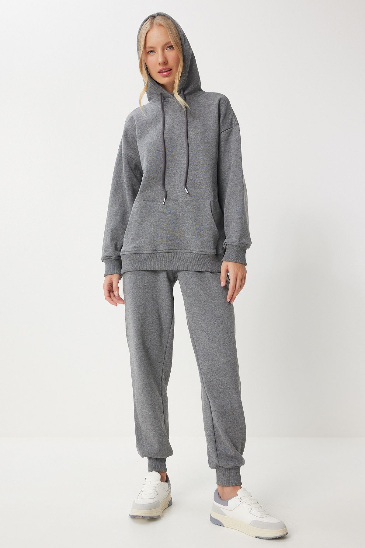 Happiness İstanbul-Anthrazitfarbenes Kapuzen-Sweatshirt- und Jogger-Trainingsanzug-Set – PYS0027 3