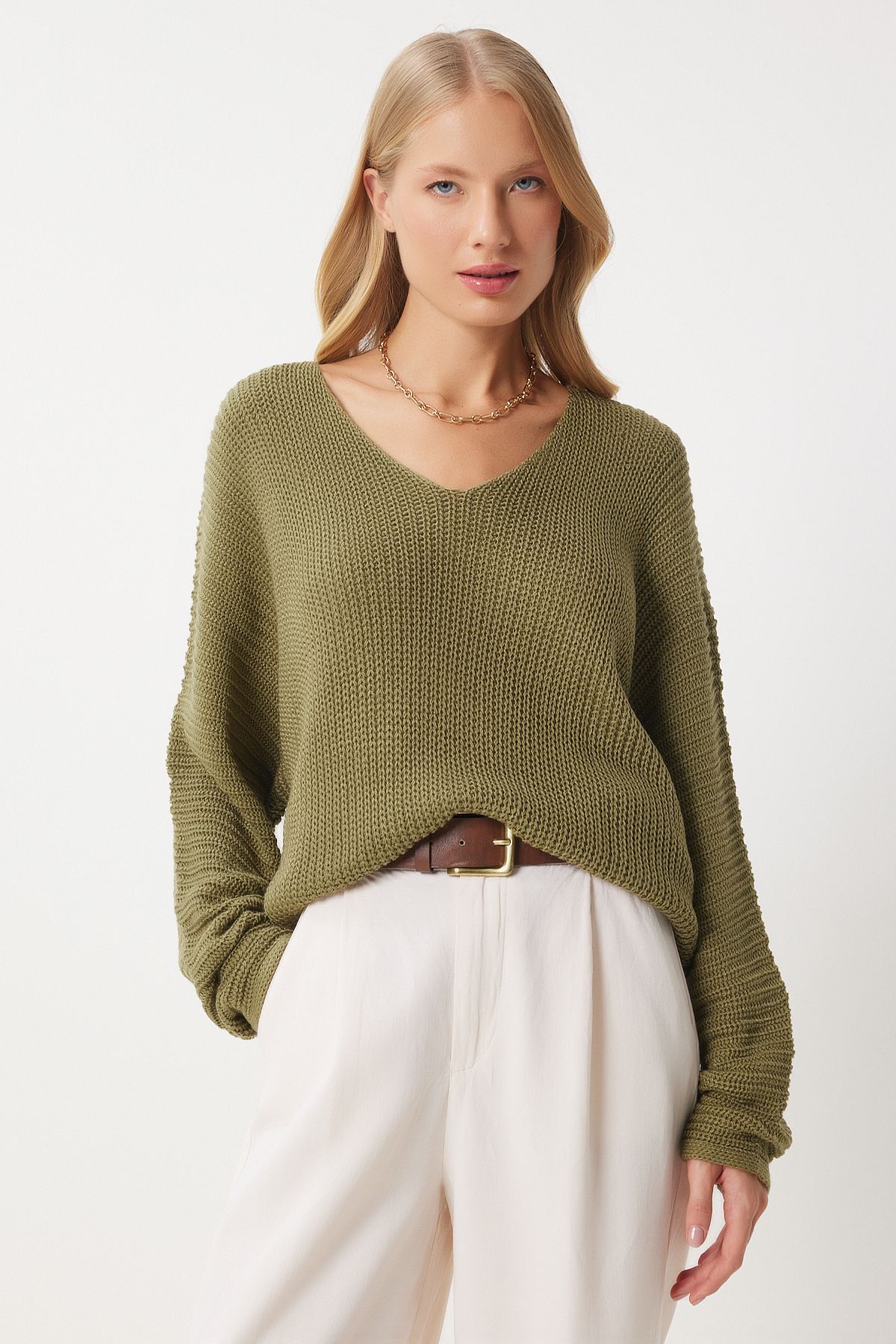 Happiness İstanbul-Dunkelgrüner Thessaloniki-Strickpullover mit V-Ausschnitt und Oversize-Muster für Damen ZA00059 4