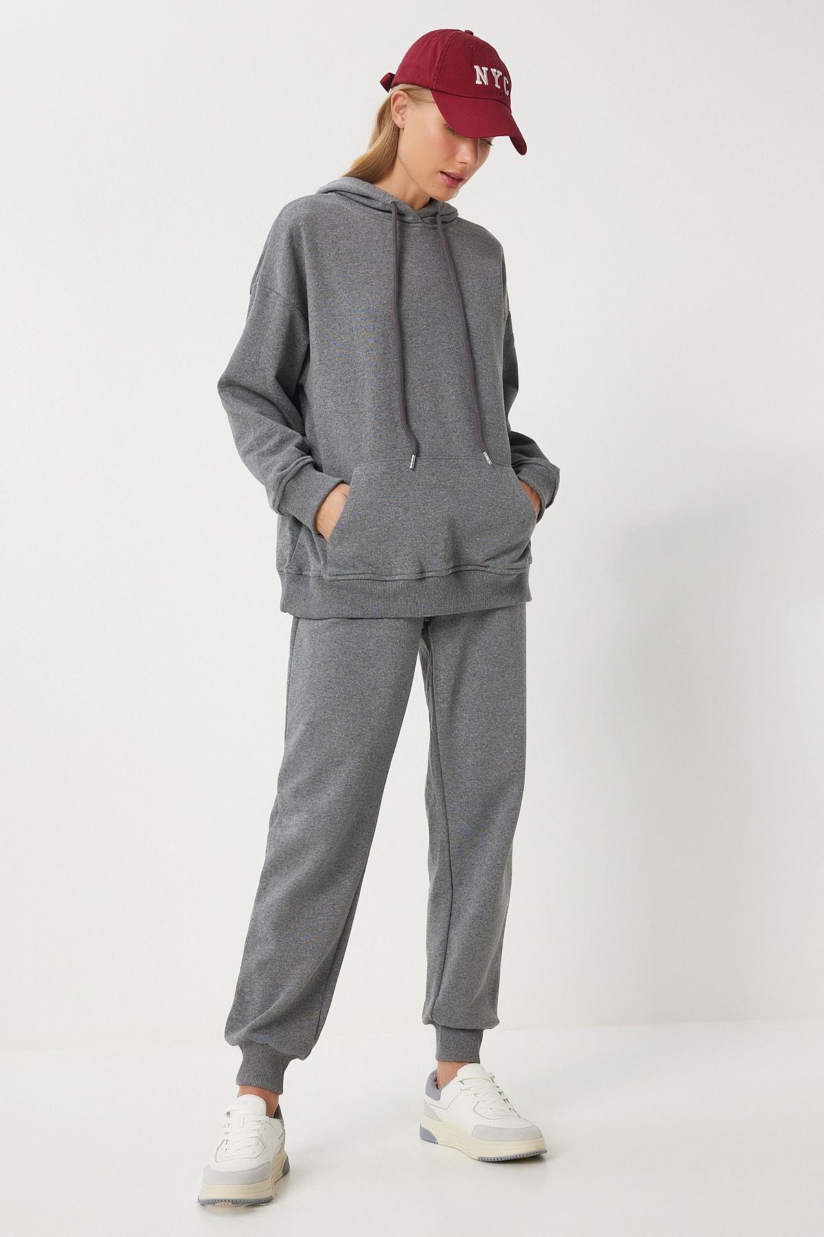 Happiness İstanbul-Anthrazitfarbenes Kapuzen-Sweatshirt- und Jogger-Trainingsanzug-Set – PYS0027 2