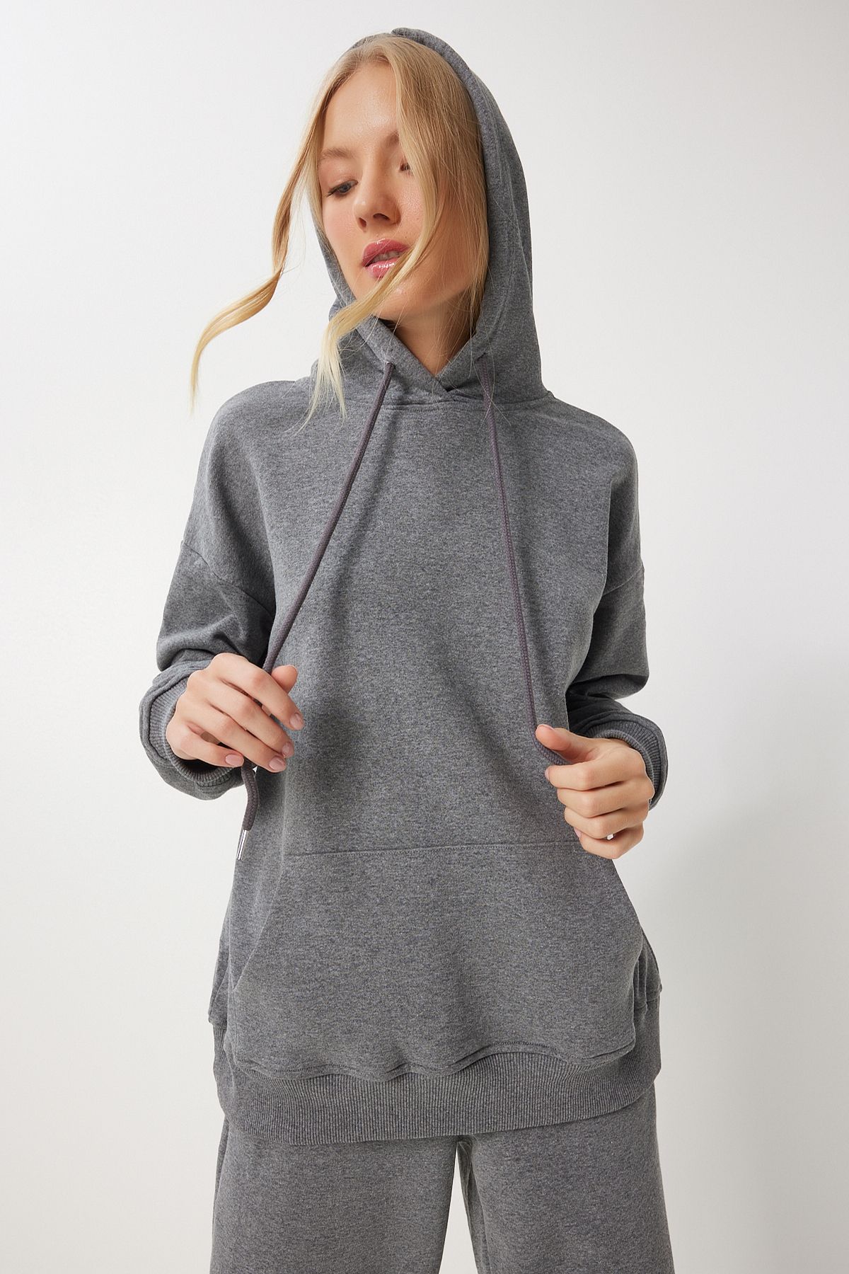 Happiness İstanbul-Anthrazitfarbenes Kapuzen-Sweatshirt- und Jogger-Trainingsanzug-Set – PYS0027 5