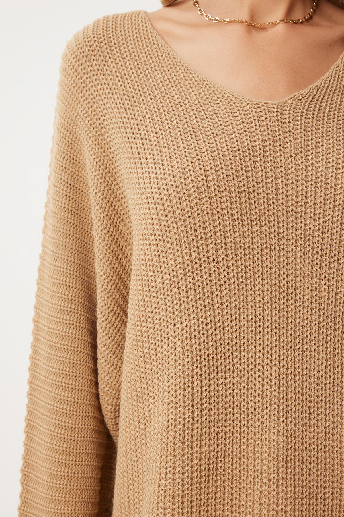 Happiness İstanbul-Damen-Strickpullover „Thessaloniki“ in Keksform mit V-Ausschnitt, Übergröße, ZA00059 5