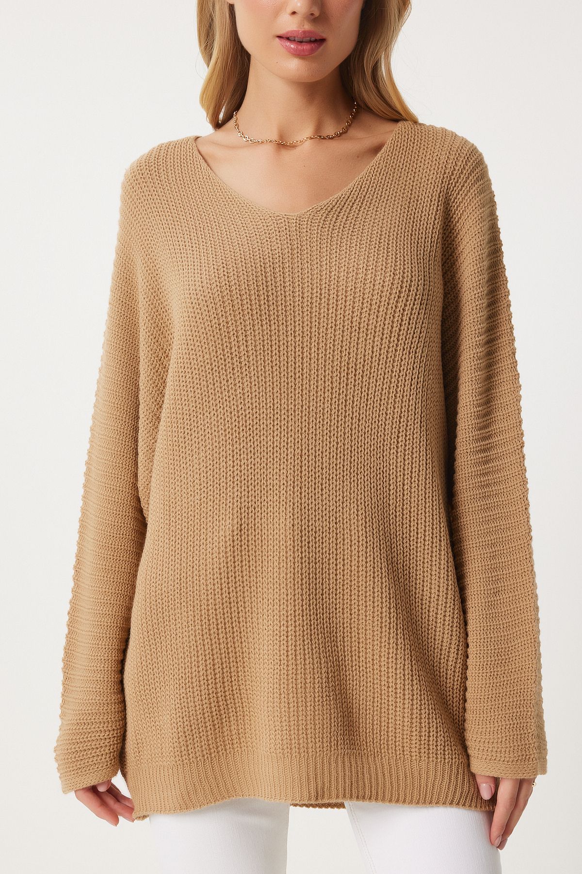 Happiness İstanbul-Damen-Strickpullover „Thessaloniki“ in Keksform mit V-Ausschnitt, Übergröße, ZA00059 4