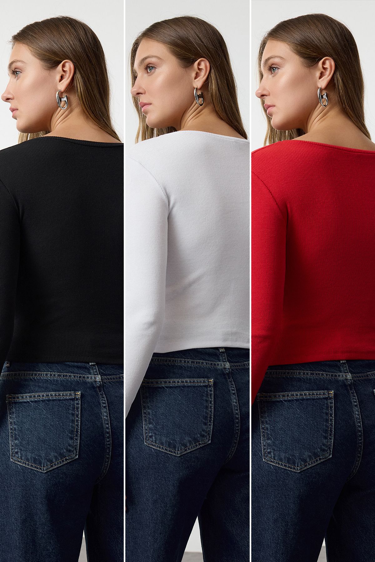 Trendyol Collection-Pachet de 3 bluze tricotate cu nervuri elastice negru-alb-roșu - TWOAW25BZ00060 2
