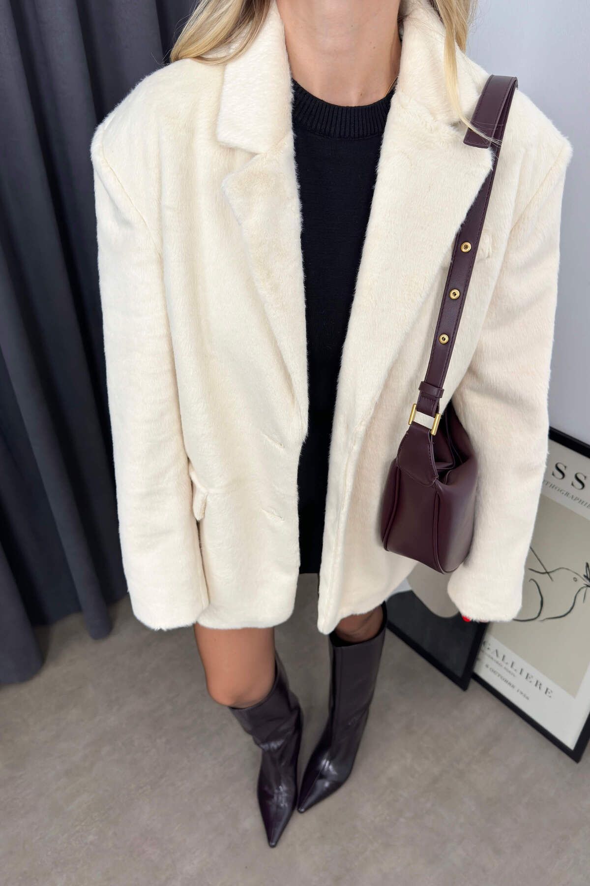 Sue Store-Fur Texture Plush Jacket - Ecru Lined and Buttoned 2