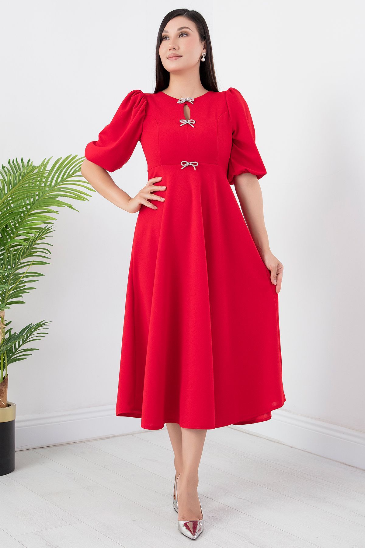 PULLIMM-Rochie creponată cu mâneci cu balon cu pietre la piept - GRS3578 6