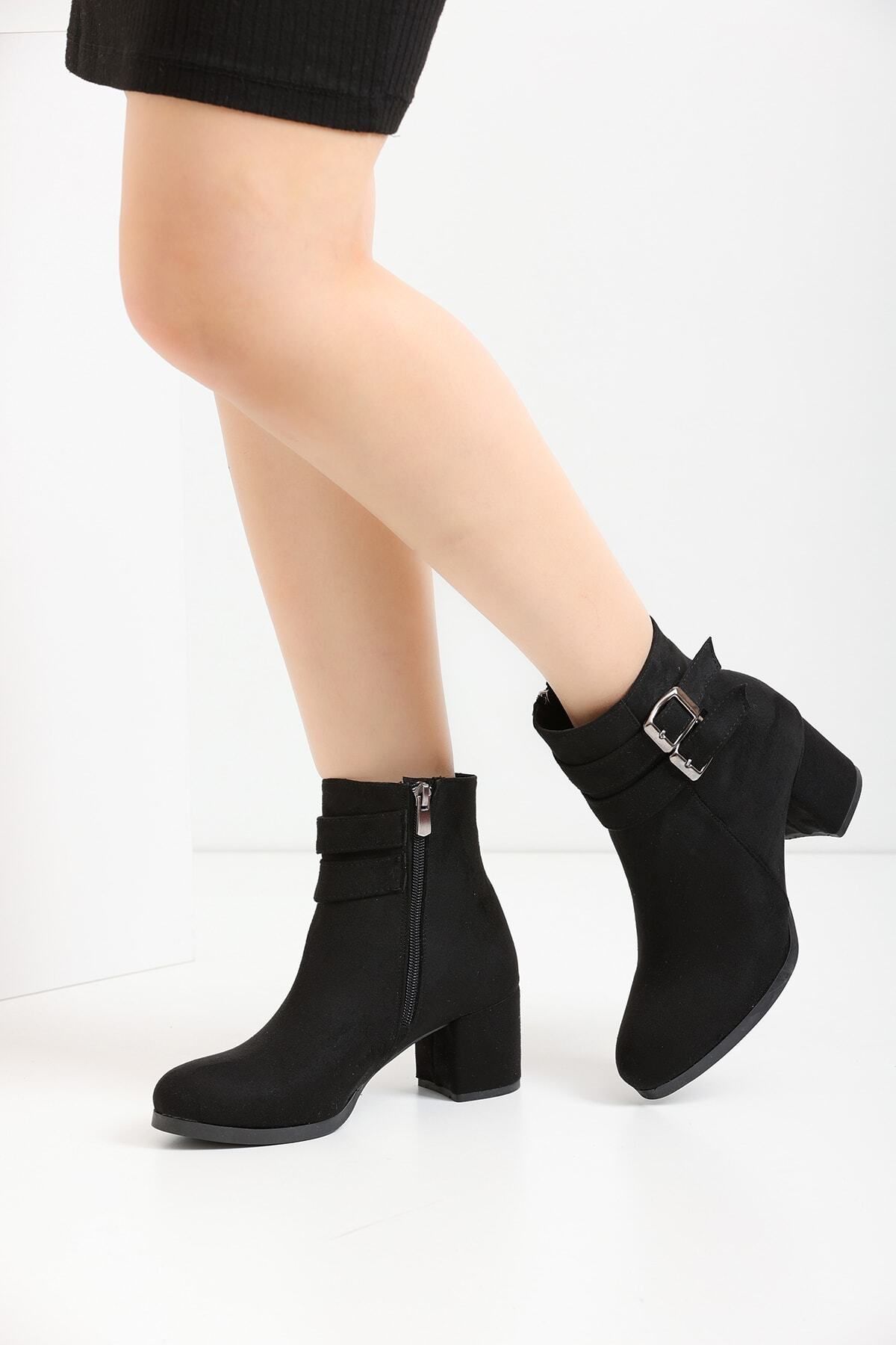 bottes courtes en daim noir à double boucle pour femmes