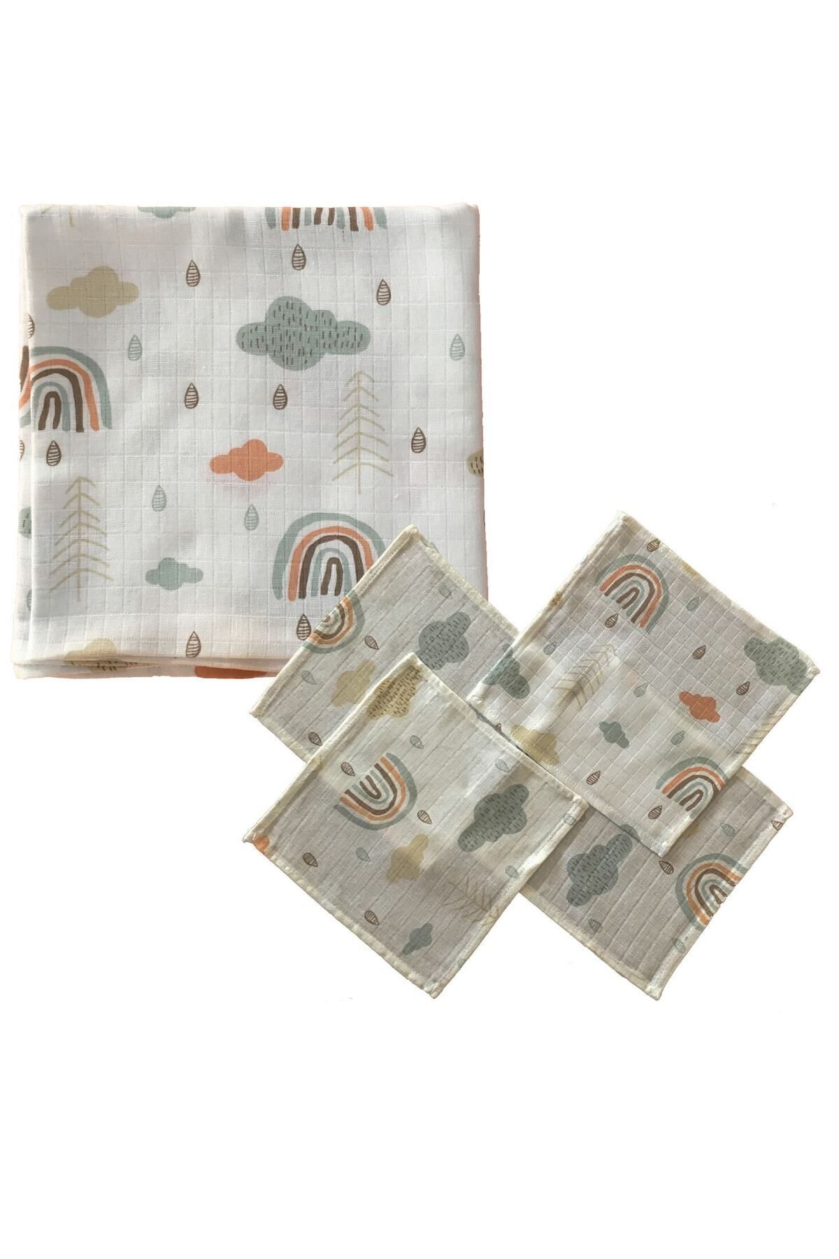 Muslin Baby Blanket Muslin Blanket 100x80cm And 4 Handkerchiefs 25x25cm Rainbow Figure