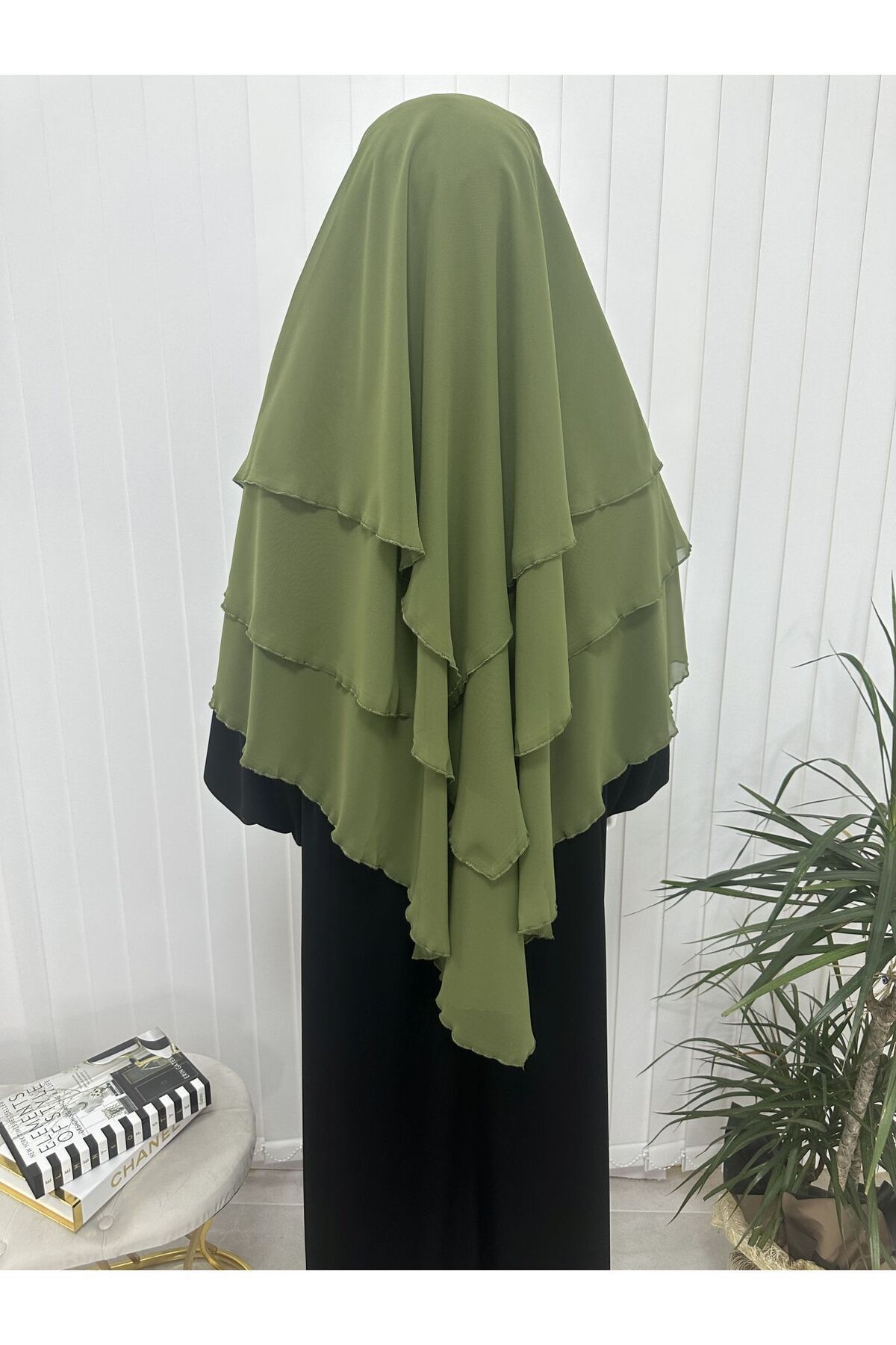 R&S modibone-Green Colored Three-Layer Multi-Siphon Souffle Scarf - Kimar and Lace-Up Scarf with Veil 4